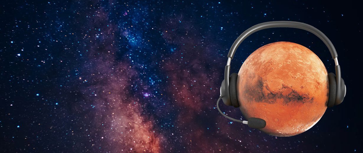 Planet Mars wearing a support headset, floating in a starfield